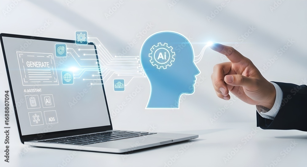 Poster a person interacts with an ai assistant on a laptop, connecting with a digital brain for ai learning