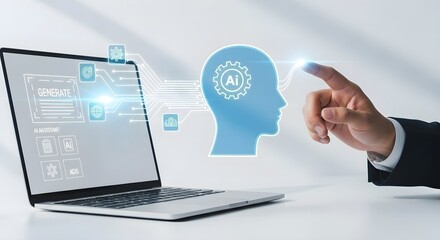 A person interacts with an Ai assistant on a laptop, connecting with a digital brain for Ai learning and data analysis.