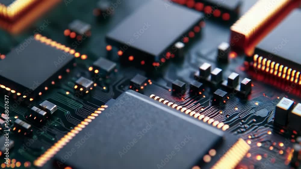 Poster cpu processing data on motherboard with glowing connections