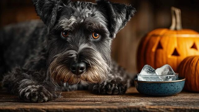 Halloween Schnauzer with Pumpkin: A charming Schnauzer lies contentedly beside Halloween pumpkins and a mysterious bowl of ice cubes, embodying the spirit of autumn and festivity.