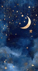 A night sky filled with stars and a crescent moon