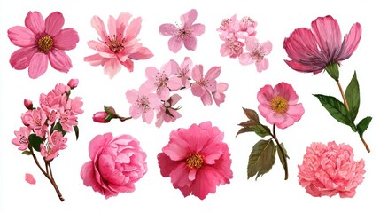 A vibrant assortment of pink flowers is displayed, showcasing various blooms like peonies and cherry blossoms, with detailed petals and leaves. This collection highlights the beauty of spring.