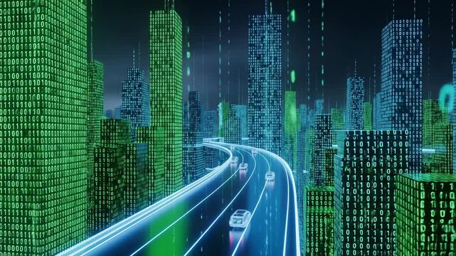 A futuristic cityscape at night, rendered in vibrant green and blue hues, features buildings composed of binary code