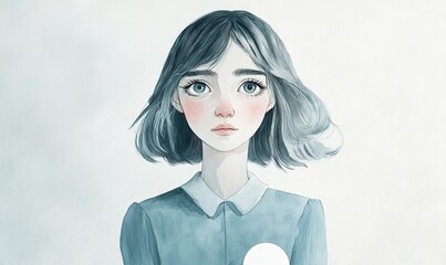 Dreamy portrait of a young woman with light blue eyes and short hair
