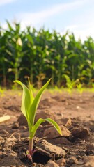 Young corn plant growing in a field at sunrise