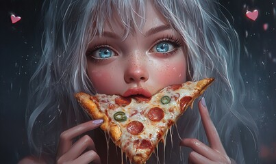 Whimsical depiction of a girl with white hair and bright eyes enjoying pizza