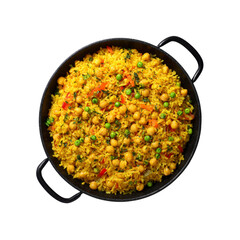 Delicious Turmeric Rice with Chickpeas and Peas in a Black Pan - Overhead Shot