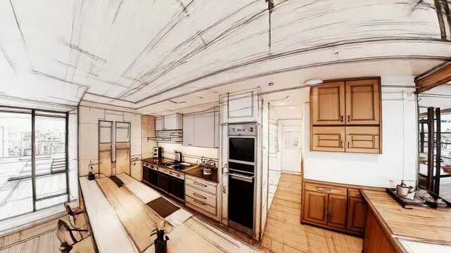 Modern open plan apartment interior design sketch visualization showing living room, kitchen and mezzanine