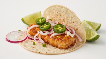 Delicious crispy fish taco with jalapeo slices, red onion, and lime wedges on soft corn tortilla