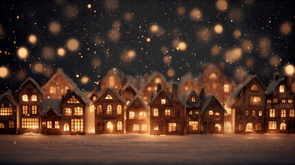 Fototapeta premium Miniature Village Houses Sparkling Golden Lights Snowing at Night