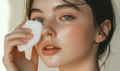 Young woman with freckles using a cotton pad on her face to cleanse