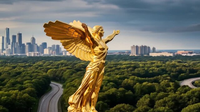 Angel of peace statue in minneapolis with skyline background. Suitable for travel blogs, peacerelated content, minnesota tourism websites.