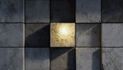 One illuminated golden cube stands out from a grid of dark textured stone blocks