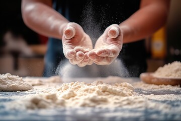 A man is slapping flour in his hands, with a table covered with flour and dough in front of him, which can symbolize the preparation of pizza or other types of food, from pastries to bread.