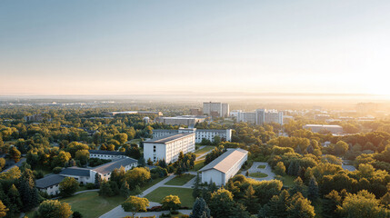 Scenic aerial view of a university campus at sunrise. Depicts education, growth,  achievement. Ideal for institutional  aspirational themes. Warm tones.