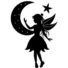 silhouette of a beautiful fairy girl with moon and stars