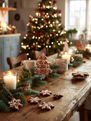 Cozy Christmas setting with wooden table adorned with gingerbread cookies, candles, and evergreen branches, creating warm festive atmosphere. decorated Christmas tree glows softly in background