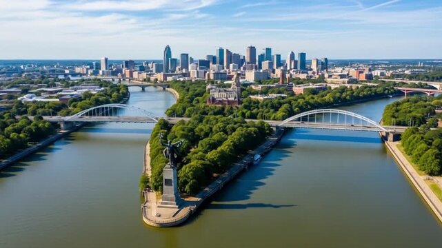 Cityscape of minneapolis with a river flowing through, showcasing urban landscape, travel destination, tourism promotion, city life, skyline views.