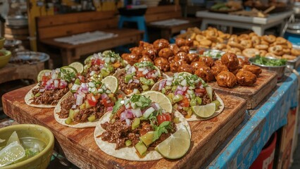 Fototapeta premium Fresh beef tacos with colorful salsa, lime, and street food snacks at outdoor market table, authentic mexican cuisine