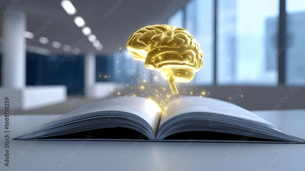 Poster open book with a shiny golden brain hovering above, representing premium intelligence and knowledge.