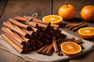 Zimtstangen und frische Orangen auf rustikalem Stoff – aromatisches Stillleben mit natürlichen Zutaten für Wintertee, Gewürzmischungen oder Weihnachtsdeko