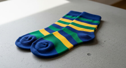 A pair of vibrant, striped socks in bold blue, green, and yellow are neatly arranged on a concrete surface. The strong, colorful pattern creates a playful and energetic visual
