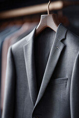 Elegant gray suit jacket hangs on a wooden hanger, embodying style and sophistication. Represents professionalism, business, and success. Ideal for fashion, lifestyle content.