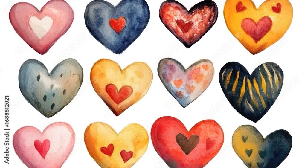 Poster a set of colorful hand-painted hearts with various designs and patterns