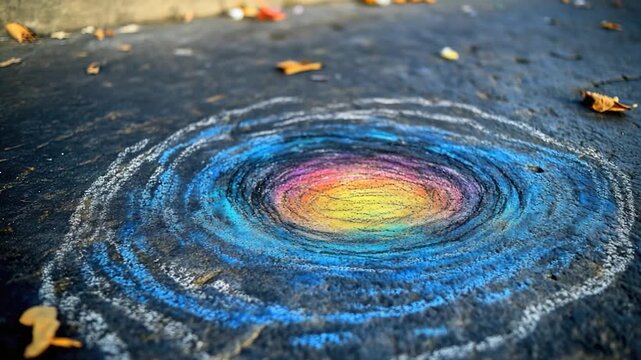 A creative spiral pattern drawn with chalk on the ground, perfect for representing art, inspiration, and creativity