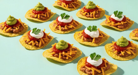 Fototapeta premium Individual Nacho Chips with Beans and Cheese, Arranged in Rows on a Blue Background