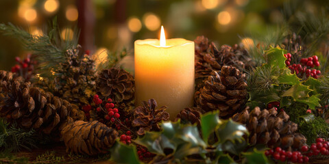 Glowing candle surrounded by pinecones, holly, and berries creates warm, festive atmosphere. soft bokeh lights in background enhance cozy holiday setting