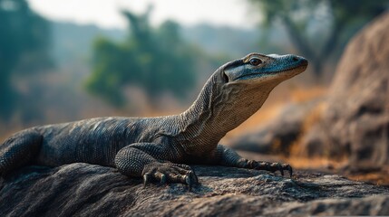 Fototapeta premium A komodo dragon resting on a rock with a blurred background of trees and foliage in a natural setting