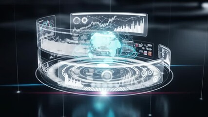 A translucent, circular, holographic display shows a glowing teal Earth encircled by data graphs, charts, and metrics, all against a dark background, suggesting global data analysis and visualization - Powered by Adobe