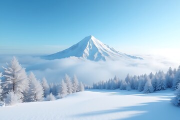 Obraz premium Winter wonderland landscape snowy mountain peak and forest trees in snow scenic view blue sky background
