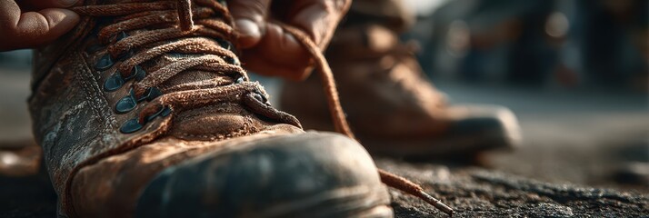 Hiker tying muddy boot laces on rocky trail in early morning light during outdoor adventure