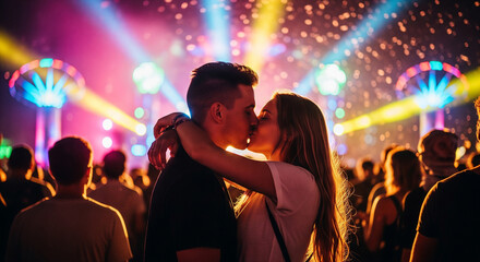 A young, loving couple shares a passionate kiss amidst a vibrant crowd at a music festival or concert. The scene is illuminated by colorful stage lights and falling confetti, creating an electrifying
