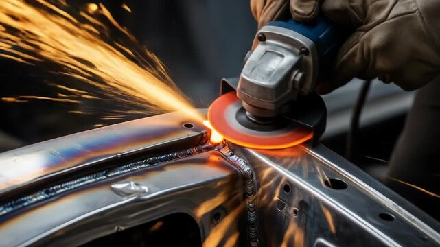 Worker in protective gloves using an angle grinder on a metal car frame with flying sparks