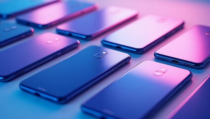 Modern smartphones display showcasing multiple mobile phones in blue and purple lighting effect design