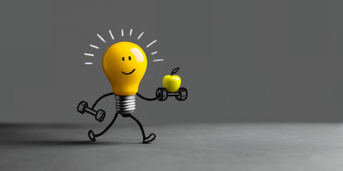 A cheerful light bulb character is seen lifting dumbbells while holding a green apple, representing a healthy lifestyle. This creative illustration emphasizes fitness and wellness