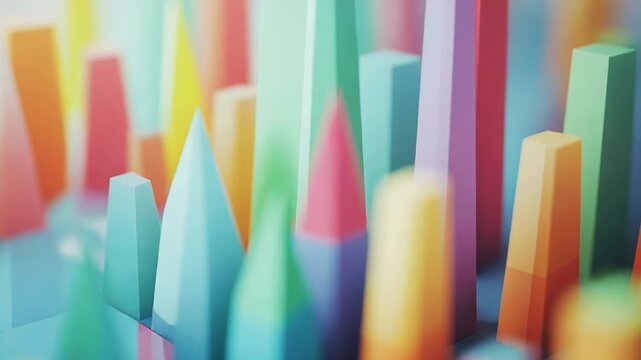Colorful 3d bars and pyramids are growing on charts, representing positive financial data analysis