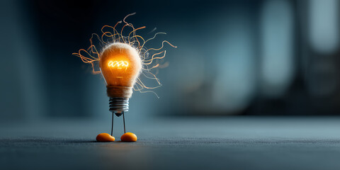 A whimsical character shaped like a light bulb with wire-like hair stands on a surface, emitting a warm glow. The dim background enhances the light and playful atmosphere