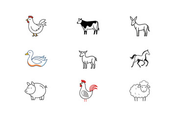 Naklejka premium Farm Animals Silhouette Collection with Colorful Accents chicken rooster