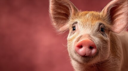 Fototapeta premium Close-up of a curious piglet with expressive eyes against a soft pink background