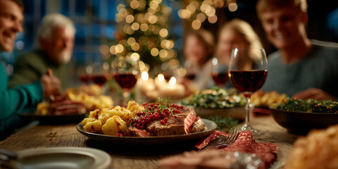 A warm gathering features a beautifully set table with roasted meats, potatoes, and salads. Laughter fills the air as family and friends toast with glasses of red wine amongst christmas decorations