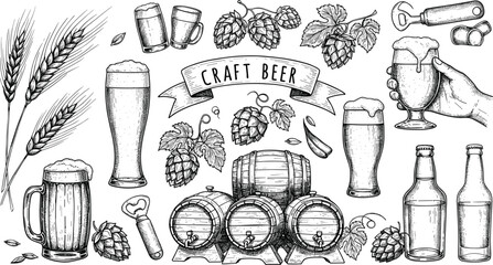 Vintage hand drawn craft beer set with barrels, hops, wheat, beer mugs, bottles, opener, glass, brewing elements