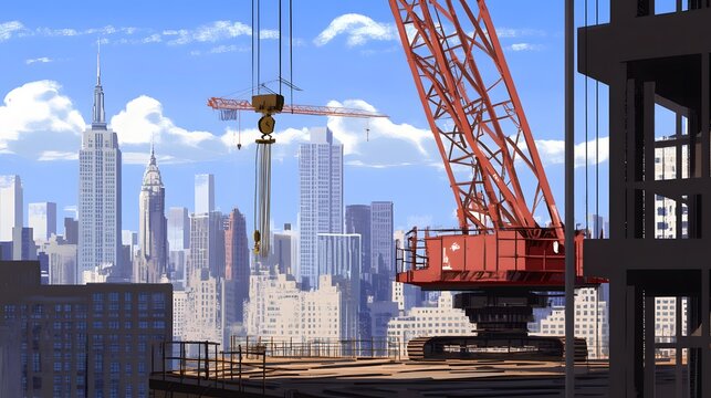 Construction crane towering over a bustling city skyline with iconic skyscrapers under bright sky