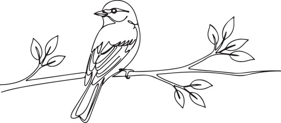 Minimal Line Drawing of Bird with Branch and Leaves on White Background 