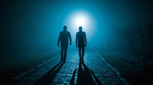 Two figures walking on a foggy path at night