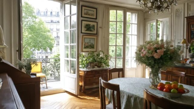 A sun-drenched dining room with a Parisian balcony view, showcasing antique elegance and abundant blooms.