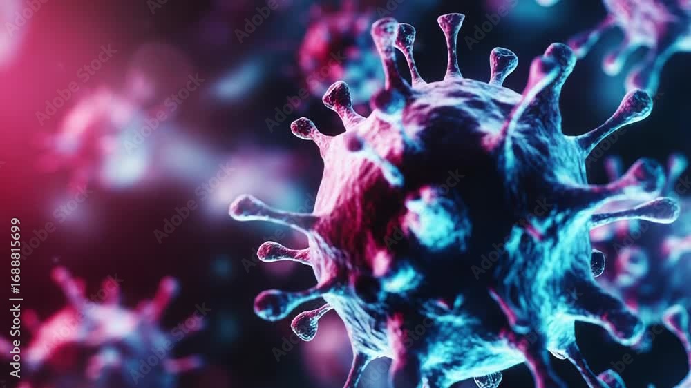 Poster microscopic view of virus cells multiplying in dark environment